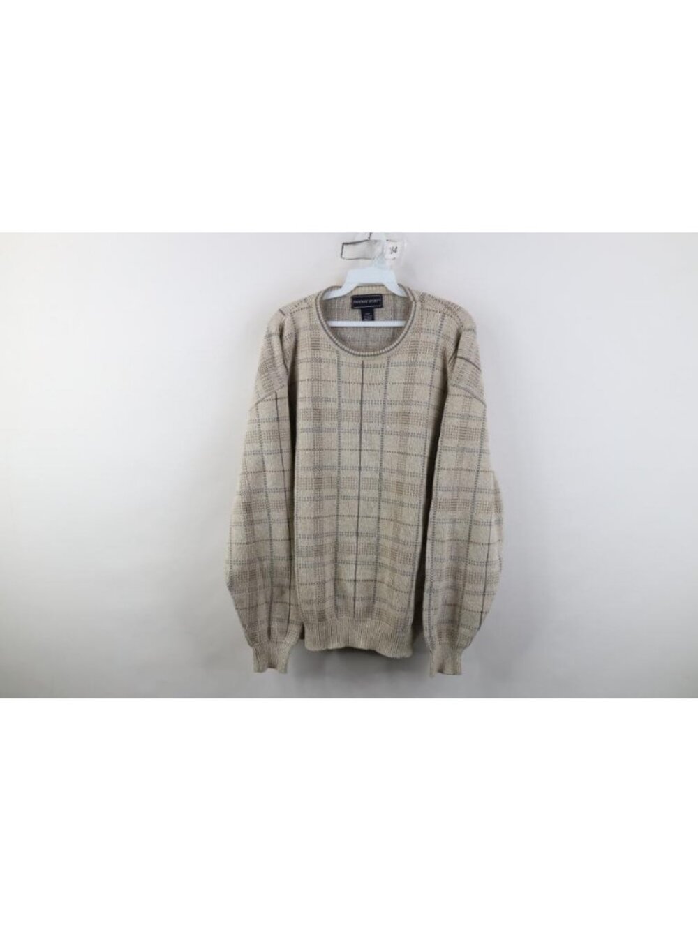 Vtg 90s Streetwear Mens Large Cotton Knit Checkered Plaid Crewneck Sweater USA